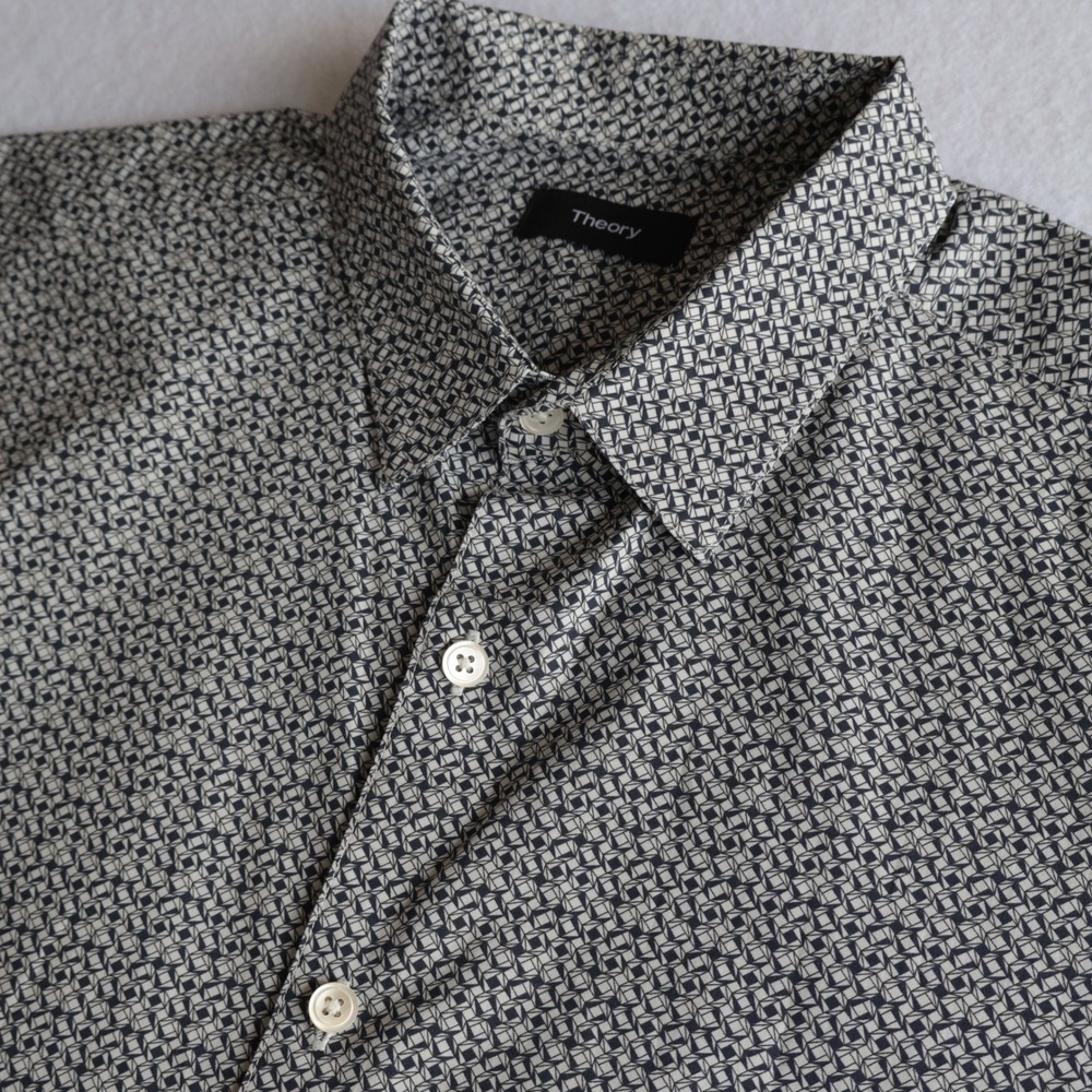 Theory Shirt Mens Large Button Up Short Sleeve Casual Preppy Geometric Gray